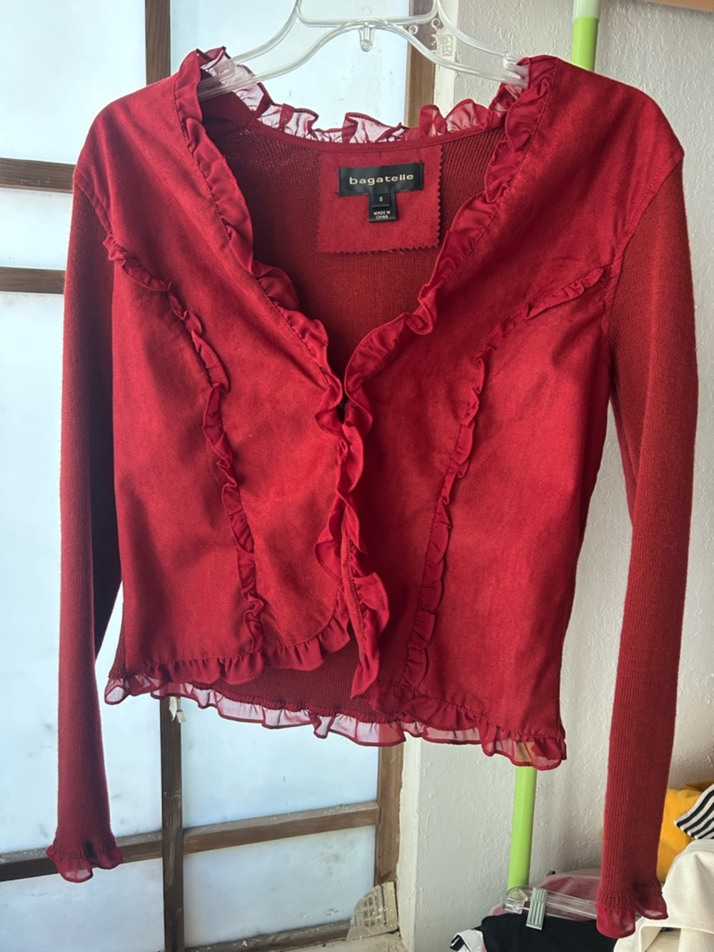 bagatelle Red Ruffle-Trim Long Sleeve Cardigan